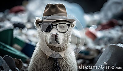 A white bear wearing glasses and a hat in the middle of a pile of plastic waste. Generative AI Stock Photo