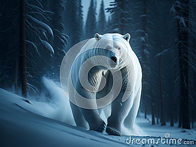 White bear in the wild. North winter snow. Wild Polar bear roaring aggressively running towards camera. Ai Generated Stock Photo