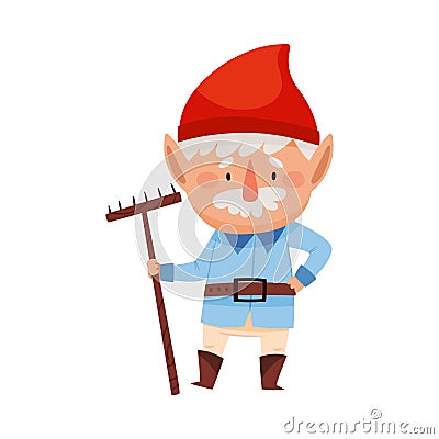 White Bearded Gnome Character with Red Pointed Hat Holding Rake Vector Illustration Vector Illustration