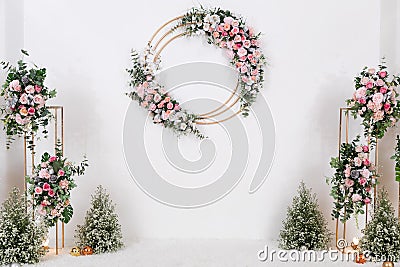 White Beautiful Floral Pattern Wedding Backdrop Background. Wedding Ceremony, Marriage, Celebration, Reception, Special Occasion Stock Photo