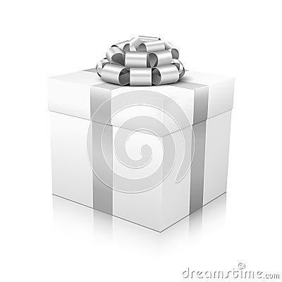 White Beautiful Vector Gift Box with Silver Coloured Elegant Corded Ribbon Vector Illustration