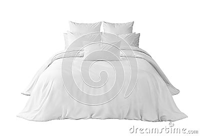 White bed with pillows an duvet isolated Stock Photo