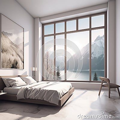 White bedroom interior design with clean sheets. Bedroom and modern loft style. Cartoon Illustration