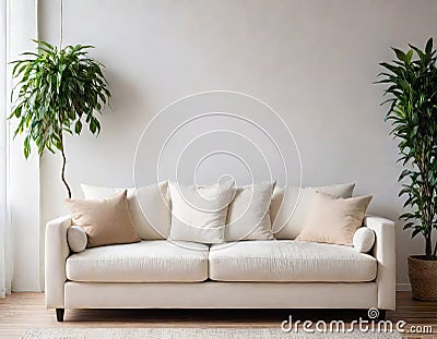 a white bedroom with a large window and a bed with a white comforter and pillows and a white couch and chair with a black and Stock Photo