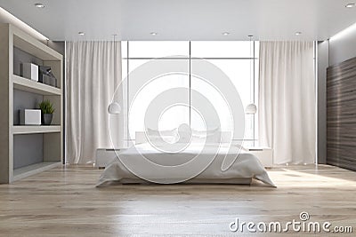White bedroom, wooden floor, front Stock Photo