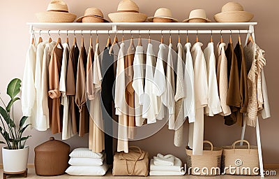 white, beige and brown clothes lay on shelves and hang on wooden hangers in a large white wooden closet Stock Photo