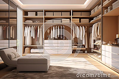 White and beige wood women walk in closet, with warm wooden wardrobe, white drawer and armchair, modern luxury mixed with minimal Stock Photo