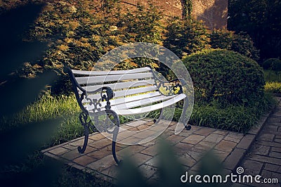 White Bench in the garden 5 Stock Photo