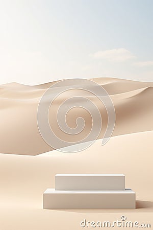 A white bench in the middle of a desert Stock Photo