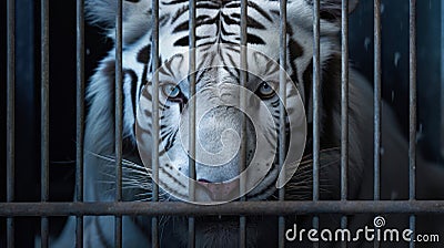 White Bengal tiger locked in cage. Lonely tiger in cramped jail behind bars with sad look. Concept of keeping animals in Stock Photo