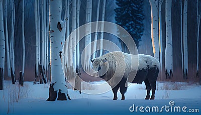 A White Big Buffalo Standing on Snow AI Generative Stock Photo