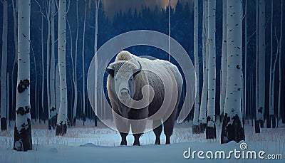A White Big Buffalo Standing on Snow AI Generative Stock Photo