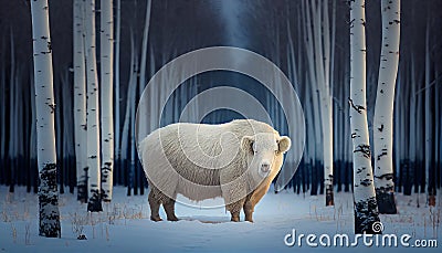 A White Big Buffalo Standing on Snow AI Generative Stock Photo