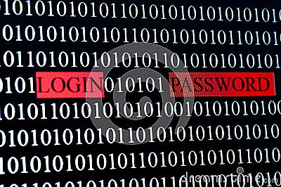 White binary number sequence, red login and password on the monitor. Stock Photo