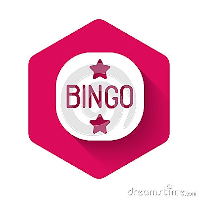 White Bingo icon isolated with long shadow background. Lottery tickets for american bingo game. Pink hexagon button Vector Illustration