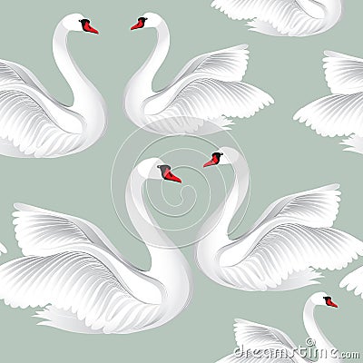 White birds in love seamless pattern. Wildlife background. Swimming swans couples Stock Photo