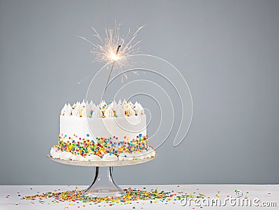 White Birthday Cake with Sparkler Stock Photo