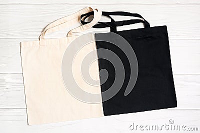 White and black blank shopping tote bag canvas mockup Stock Photo