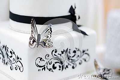 White and black butterfly wedding cake Stock Photo