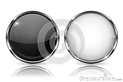 White and black buttons with chrome frame. Round glass shiny 3d icons Vector Illustration