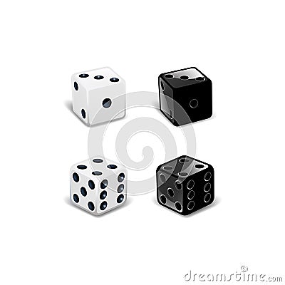 White and black cubes in different positions isolated on white. Dice gambling template. Vector illustration. Vector Illustration