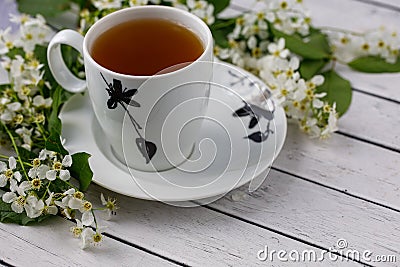White and black cup of black or herbal tea on saucer with white bird cherry tree flowers on white wooden table Stock Photo
