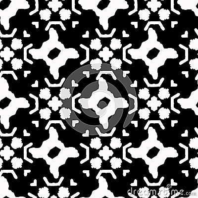 White on Black Folk Art Grid Seamless Vector Pattern. Hand Drawn Abstract Vector Illustration