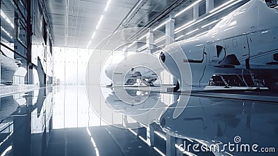 White and black glossy interior space facility maintenance cargo, sci-fi image, futuristic space exploration. Generative Ai Stock Photo