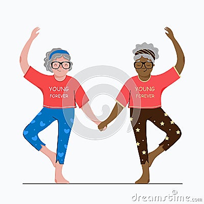 Two funny Old ladies are doing Gymnastics. Black Grannie and white Grannie are holding hands. Cartoon Illustration
