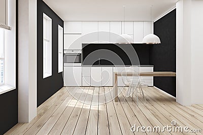 White and black kitchen, wooden floor front Stock Photo