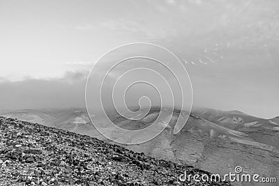 White and black landscape view on mystic blue morning desert sunrise Stock Photo