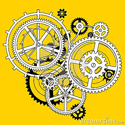 White and black linear gear wheels in flat style hole on yellow Vector Illustration