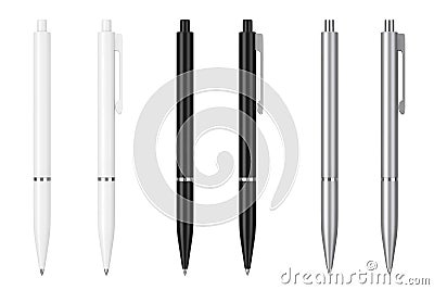 White, Black and Metal Mockup Ballpoint Pens with Blank Space for Yours Logo or Design. 3d Rendering Stock Photo