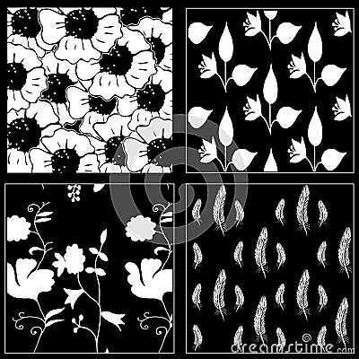 White&Black seamless pattern collection with flowers and feathers Vector Illustration