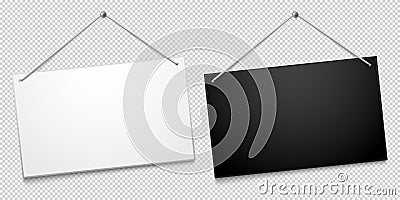 White and black shop door signboards hanging on nail isolated on transparent background. Empty or blank sign. Vector Illustration