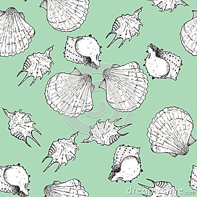 White and black sketch illustration of seashells on trendy Carnival Glass color Panton 2019-2020 background. Seamless pattern Cartoon Illustration