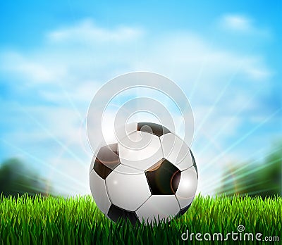 White and black soccer ball on the green glade with grass. Background with blue sky, sunshine and sport equipment for Vector Illustration