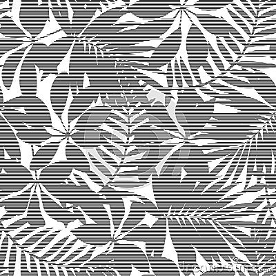 White and black striped tropical leaves seamless pattern Vector Illustration