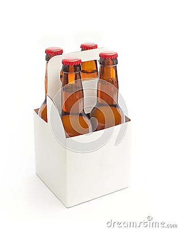 A white blank beer packaging with four brown beer bottles Stock Photo
