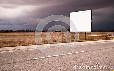 White Blank Billboard Advertising Sign Farm Field Thunder Storm Stock Photo