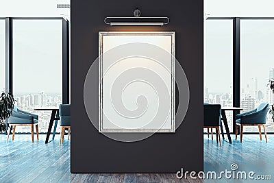 White blank canvas poster on dark wall in modern bright office, 3d rendering. Stock Photo