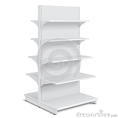 White Blank Empty Showcase Displays With Retail Shelves Products On White Background . Vector Illustration