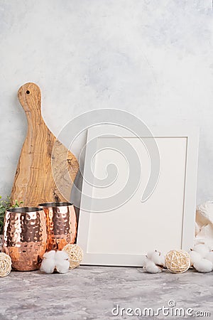 White blank frame for lettering or design, mockup. Against the background of kitchen utensils, for logos on themed topics Stock Photo