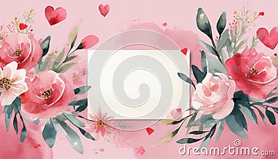 White blank greeting card on the pink background with flowers, love letter, watercolor style Stock Photo