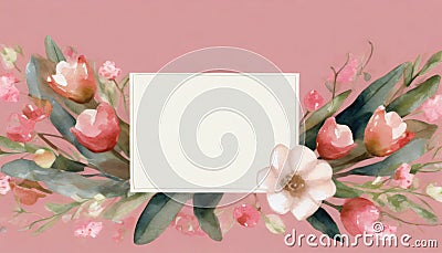 White blank greeting card on the pink background with flowers, love letter, watercolor style Stock Photo