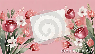 White blank greeting card on the pink background with flowers, love letter, watercolor style Stock Photo