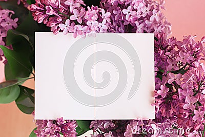blank greeting card for your text in spring beautiful bouquet of lilacs, concept of holiday congratulations Stock Photo