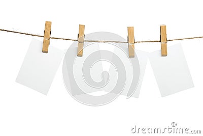 Blank white papers hanging on rope isolated on Stock Photo