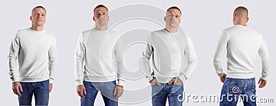 White blank heather template, front view, back, male casual sweatshirt, long sleeve clothing on a man in blue jeans, for design Stock Photo