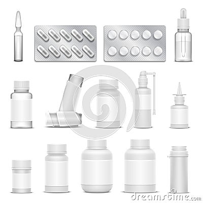 White blank medicine pharmaceutical packaging vector mockups. Bottles spray and drugs Vector Illustration